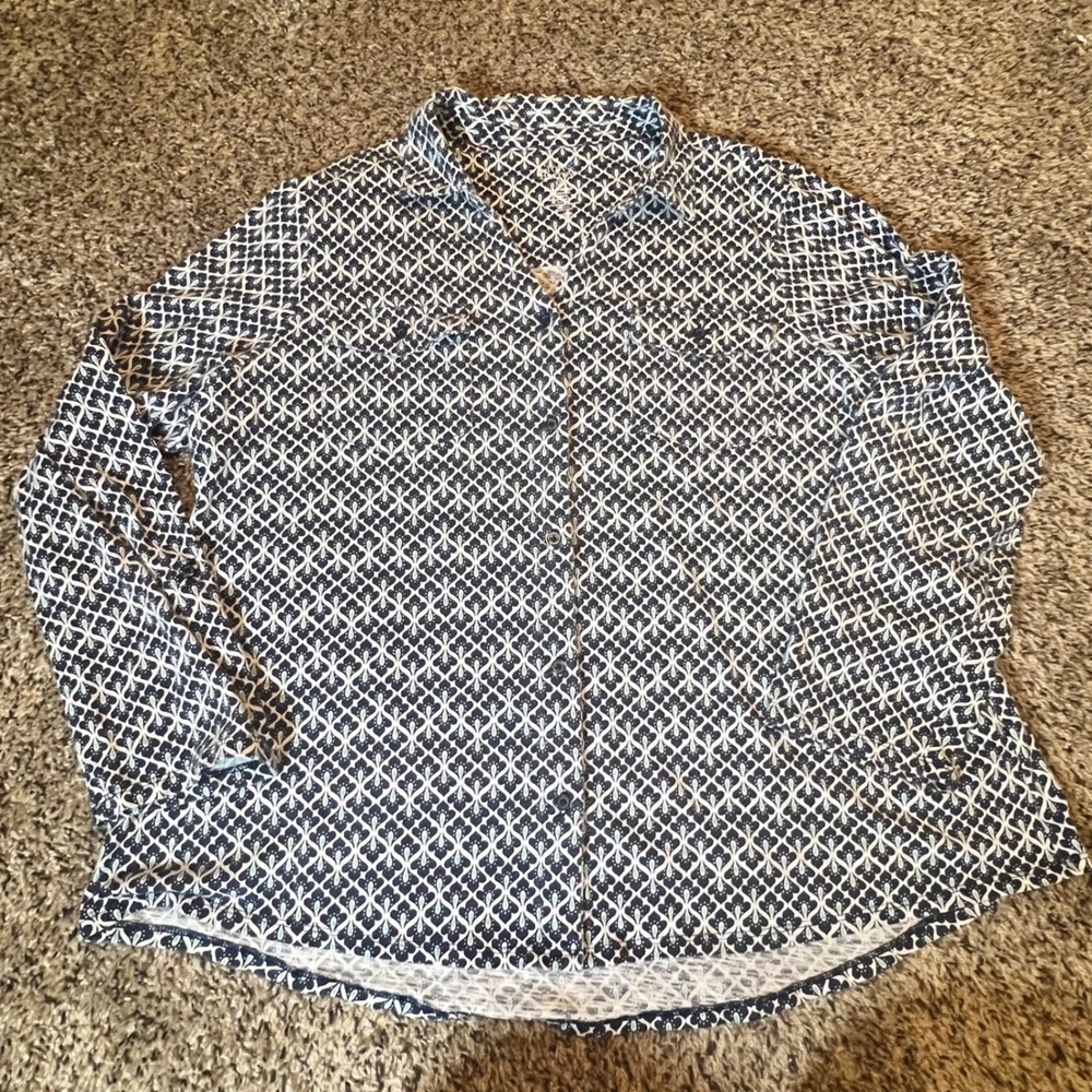 Croft & Barrow Womens XXL Navy Blue Geometric Medallion Button Down Shirt L/S